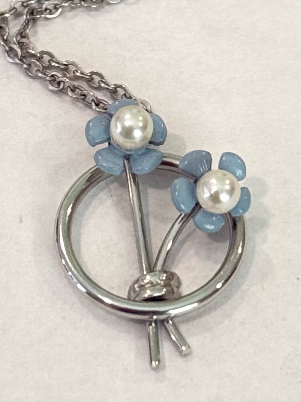Vintage Krementz 14k White Gold Overlay Forget Me Not Flower Pearls Necklace NEW